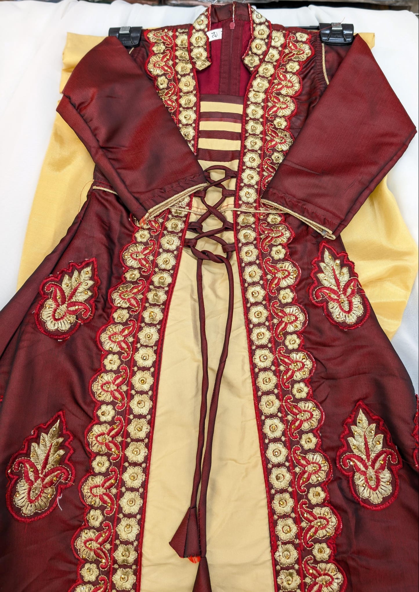 Maroon Gold Silk Embroidered Longdress (Anarkali Jacket Style), with trousers and scarf