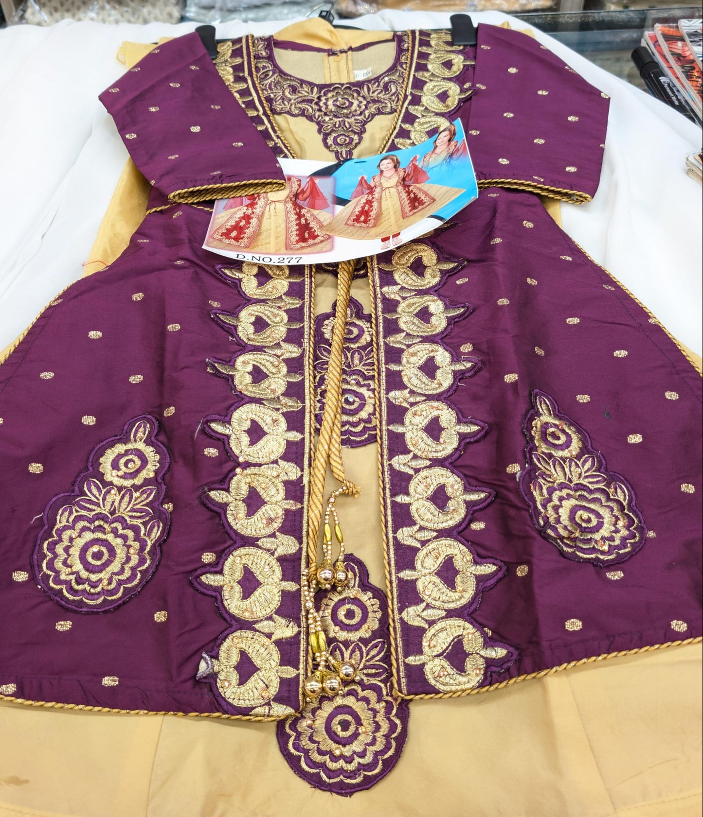 Violet Purple and Gold Silk Anarkali, Jacket Style Dress with trousers and scarf