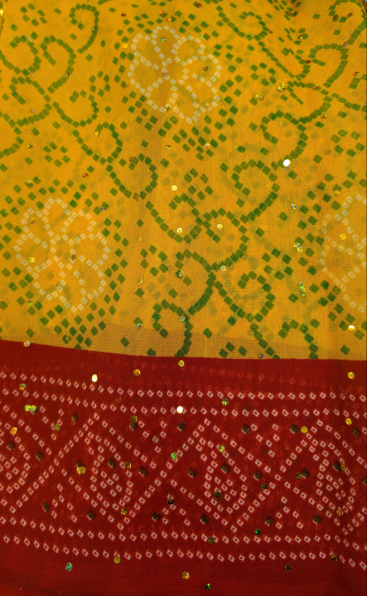 Chuni Print Sequin Saree in Haldi & Red