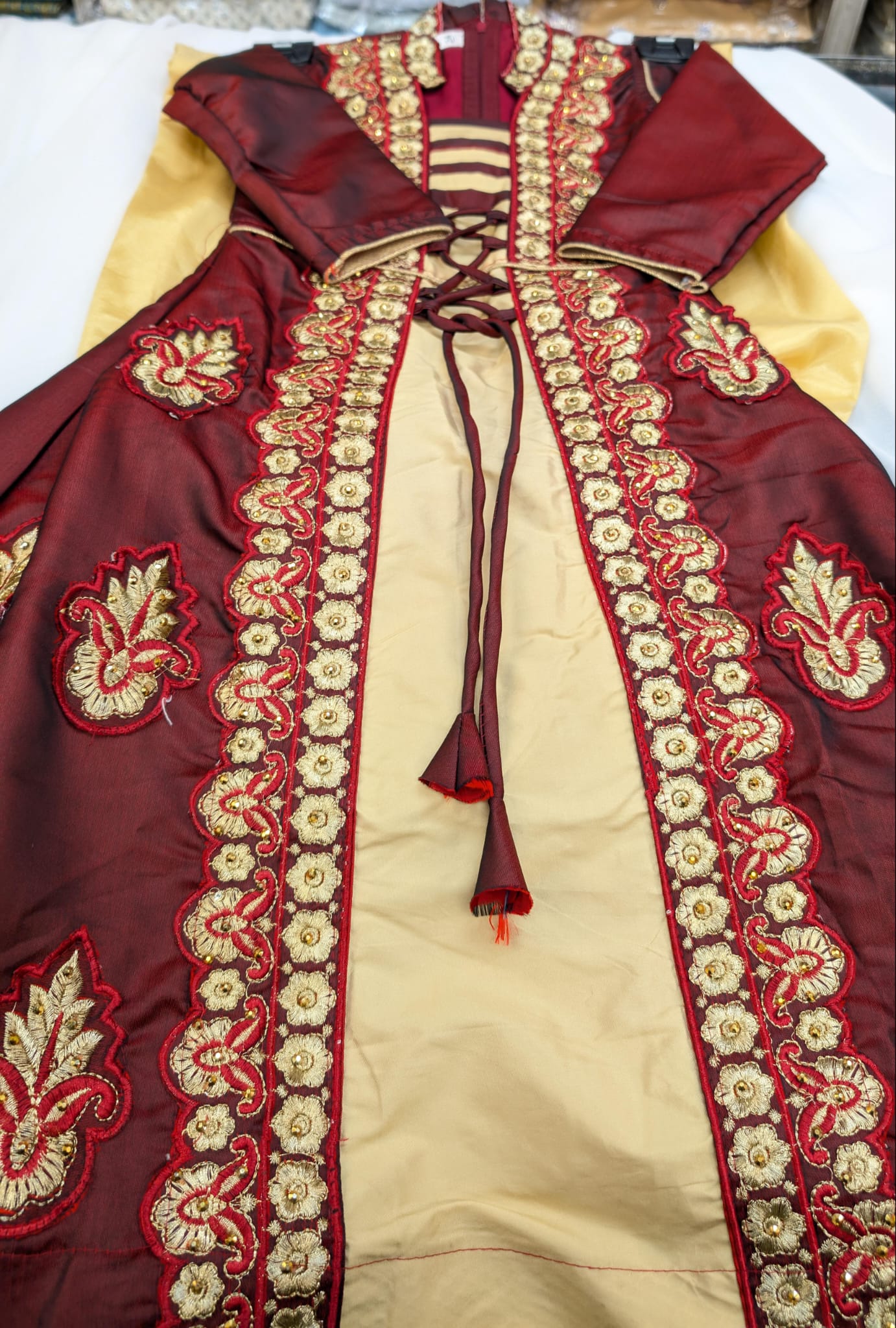 Maroon Gold Silk Embroidered Longdress (Anarkali Jacket Style), with trousers and scarf