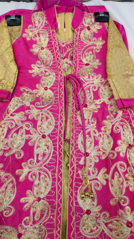 Hot Pink and Gold Laced, Anarkali Jacket Style, Longdress with trousers and scarf