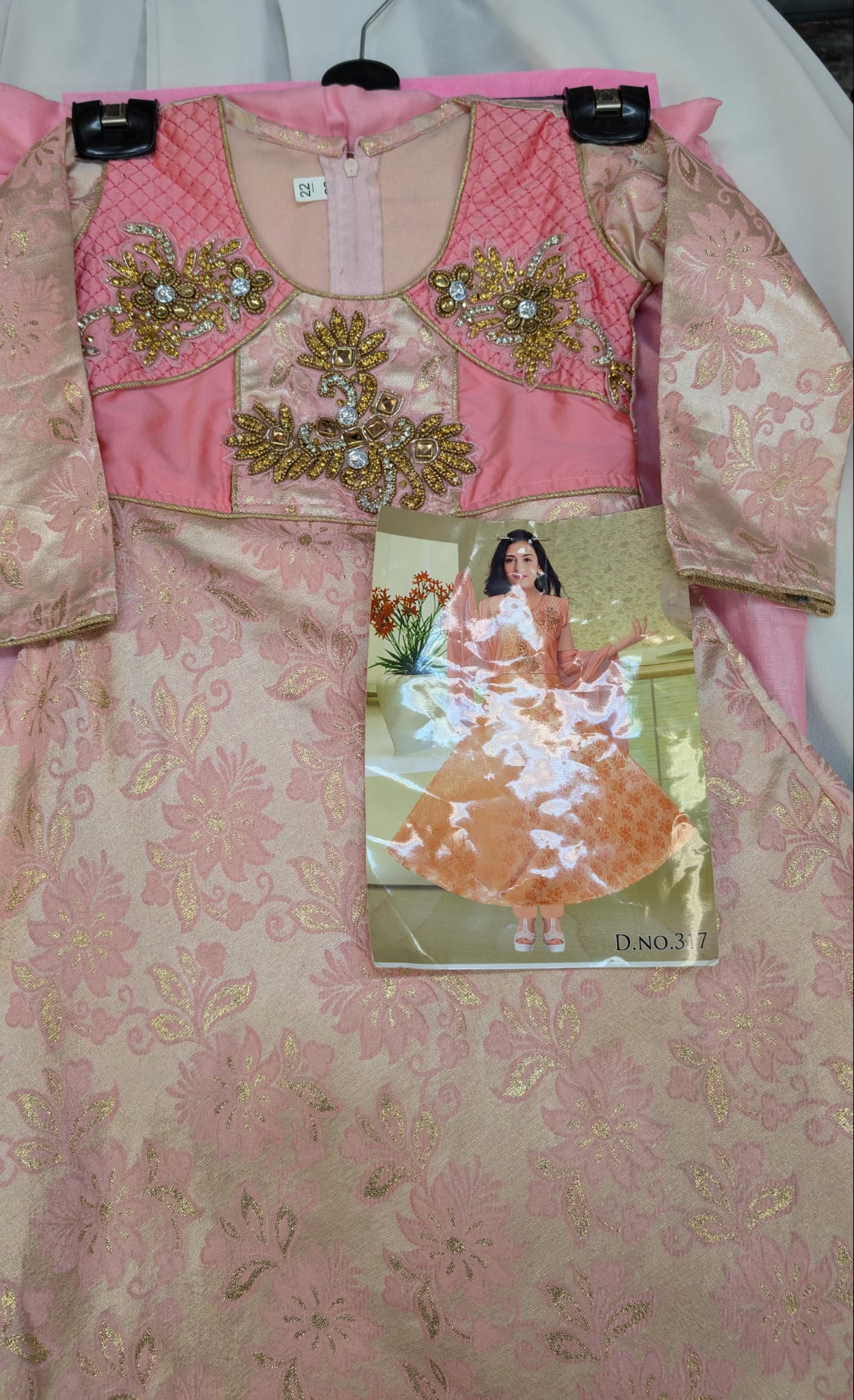 Baby Pink Gold Silk Floral Stitching Embroidery Longdress, Anarkali Style with trousers and scarf