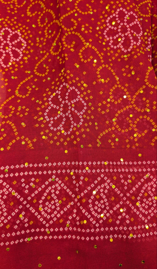 Chuni Print Sequin Saree in Red