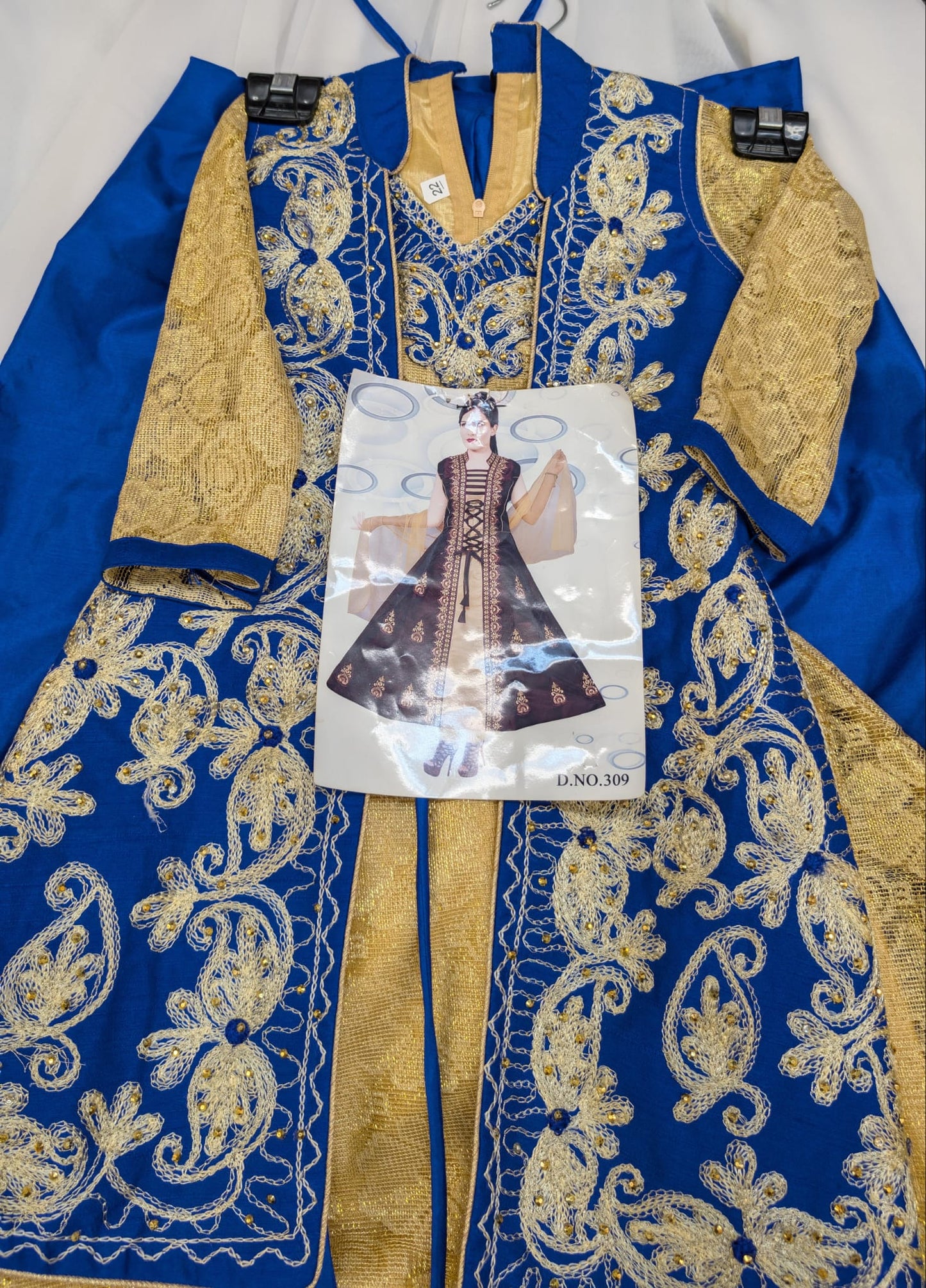 Royal Blue and Gold Laced, Anarkali Jacket Style, Longdress with trousers and scarf