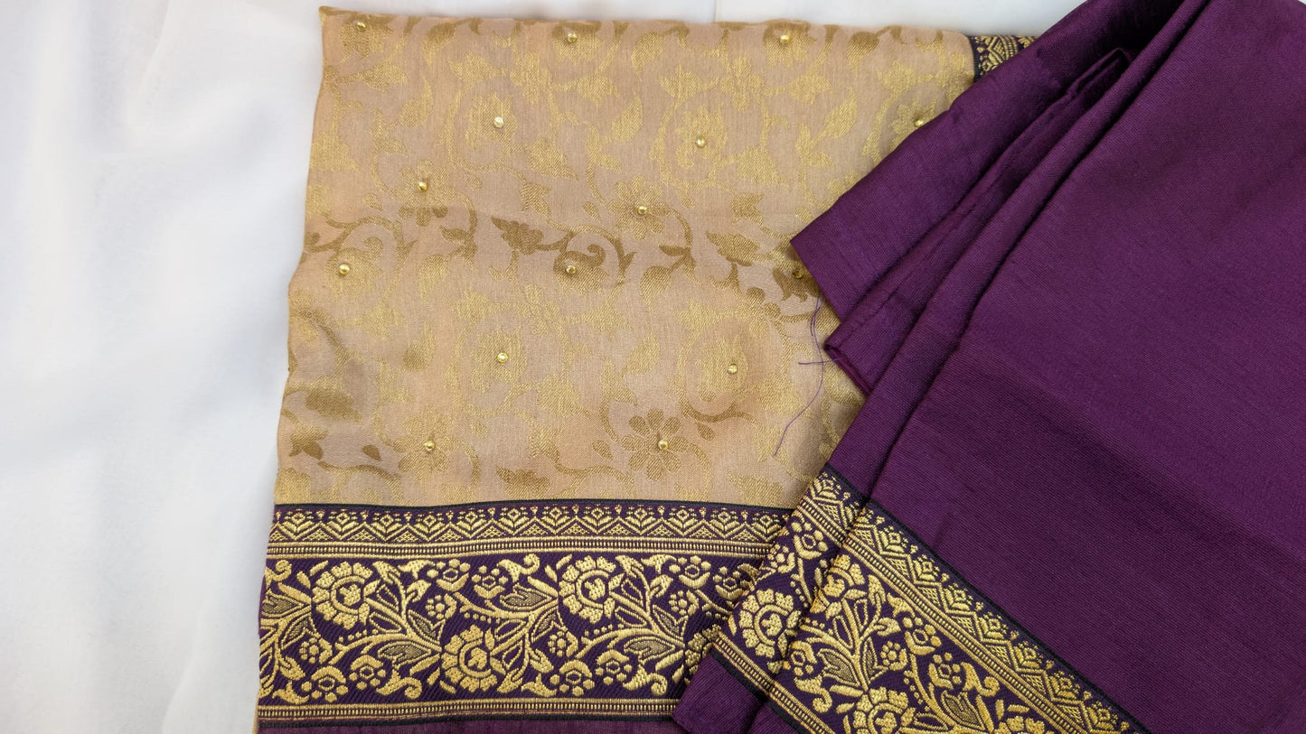 Banarasi Saree with Long Sleeve Blouse in Rose Gold & Purple