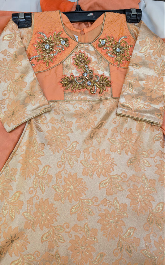 Peach Orange Gold Stitching Embroidery Longdress, Anarkali Style with trousers and scarf