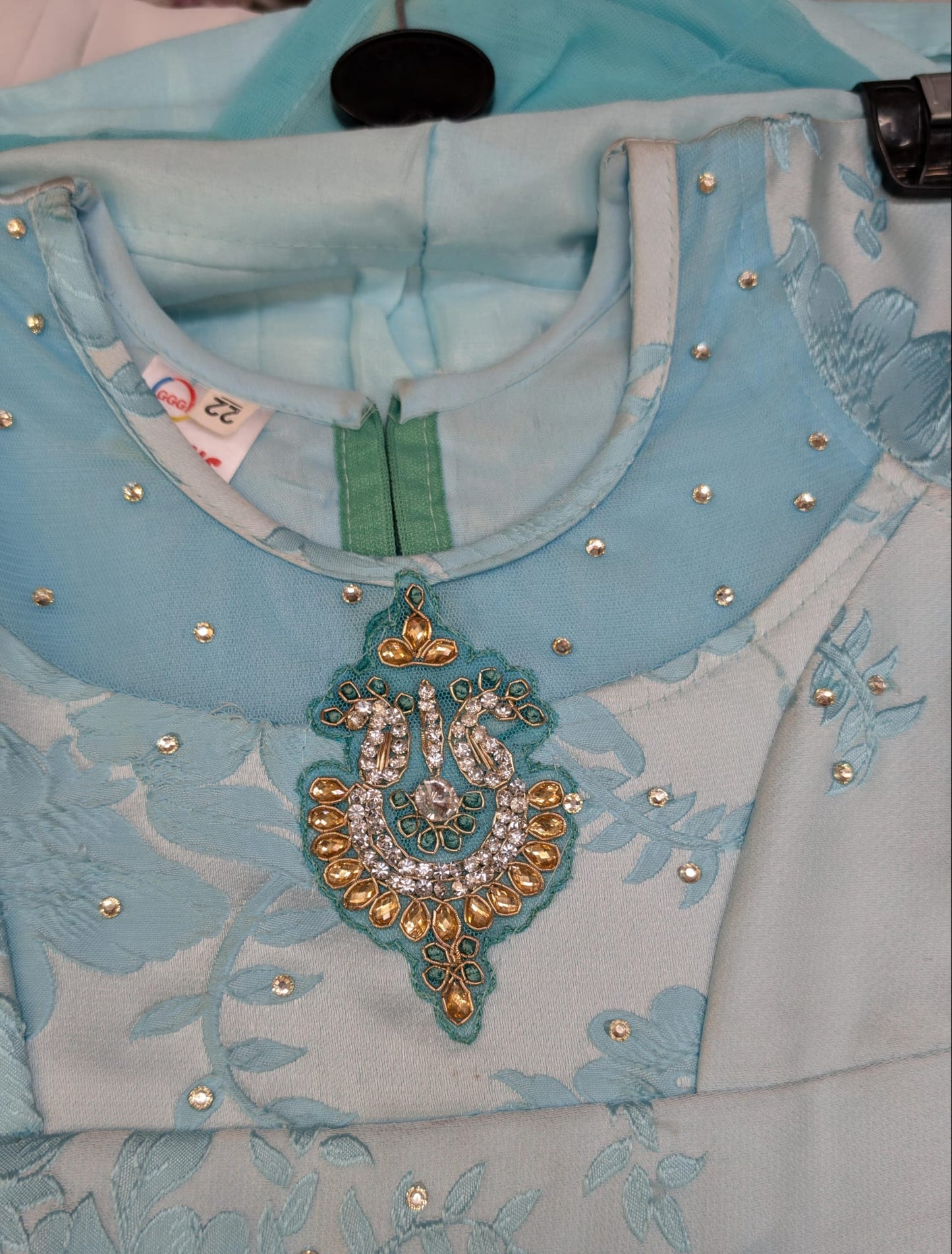 Baby Blue Floral Embroidery Silk Longdress, Anarkali Style, with trousers and scarf