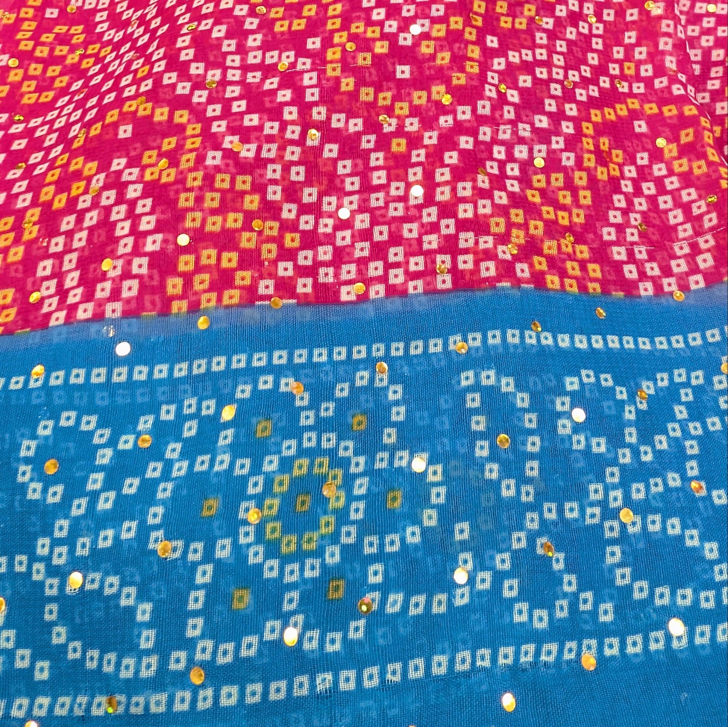 Chuni Print Sequin Saree in Hot Pink & Blue