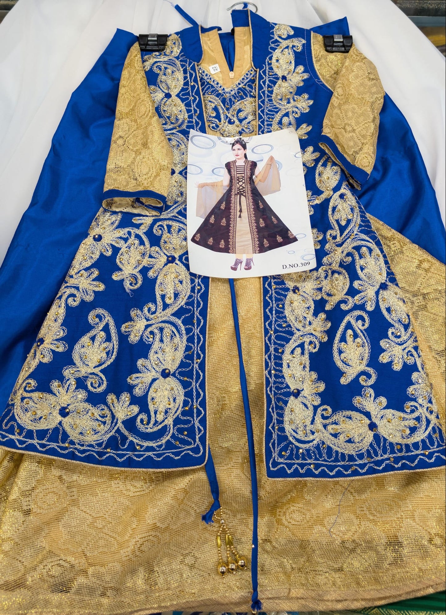 Royal Blue and Gold Laced, Anarkali Jacket Style, Longdress with trousers and scarf