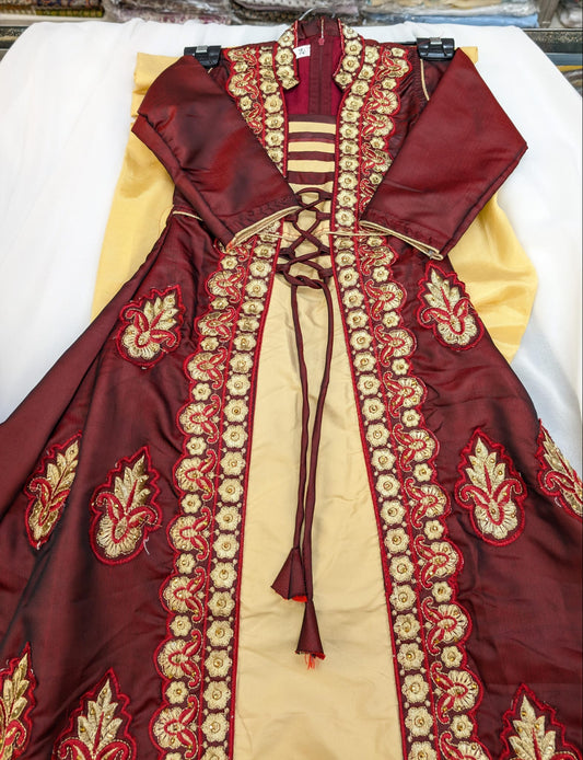 Maroon Gold Silk Embroidered Longdress (Anarkali Jacket Style), with trousers and scarf