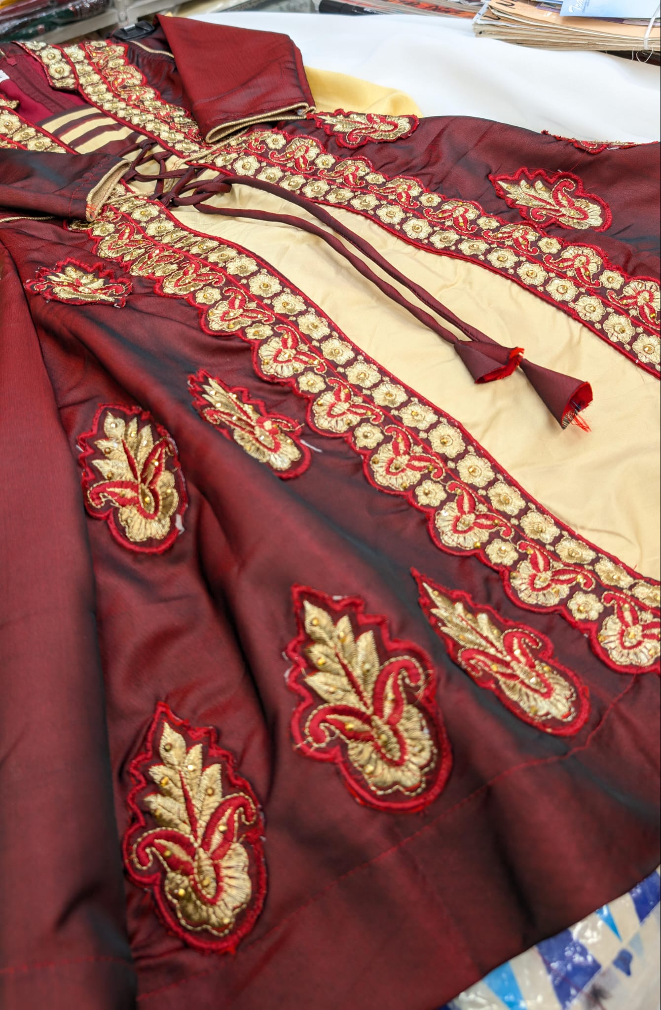 Maroon Gold Silk Embroidered Longdress (Anarkali Jacket Style), with trousers and scarf