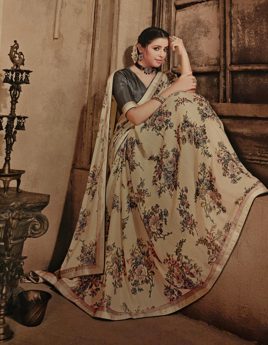 VSL Digital Print Designer Saree - Cream Grey Floral