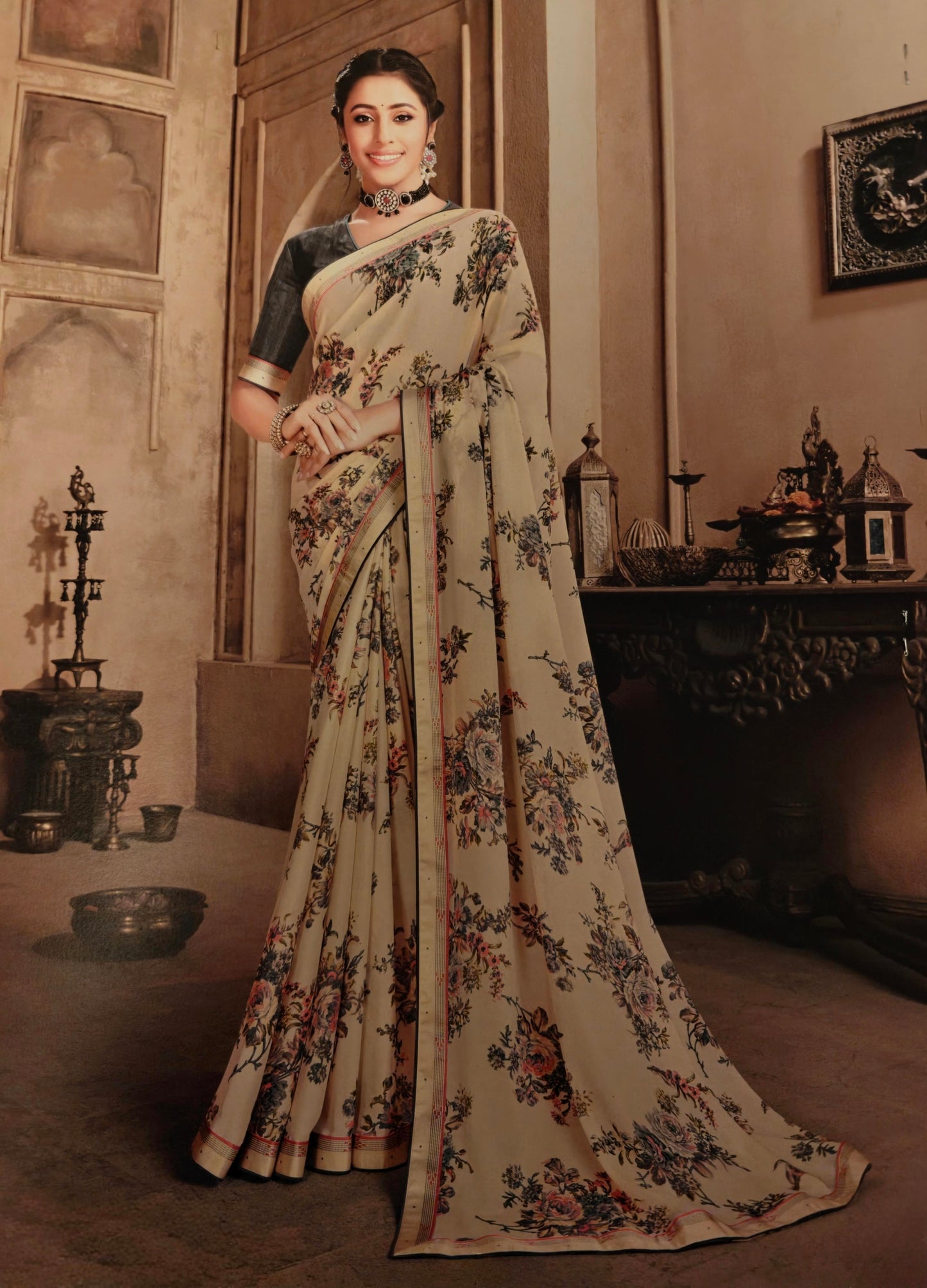 VSL Digital Print Designer Saree - Cream Grey Floral