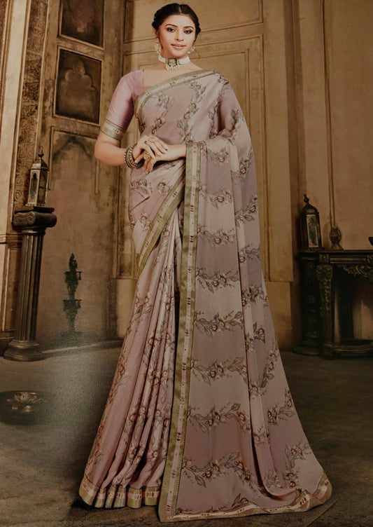 VSL Digital Print Designer Saree - Dusty Pink Lilac Floral