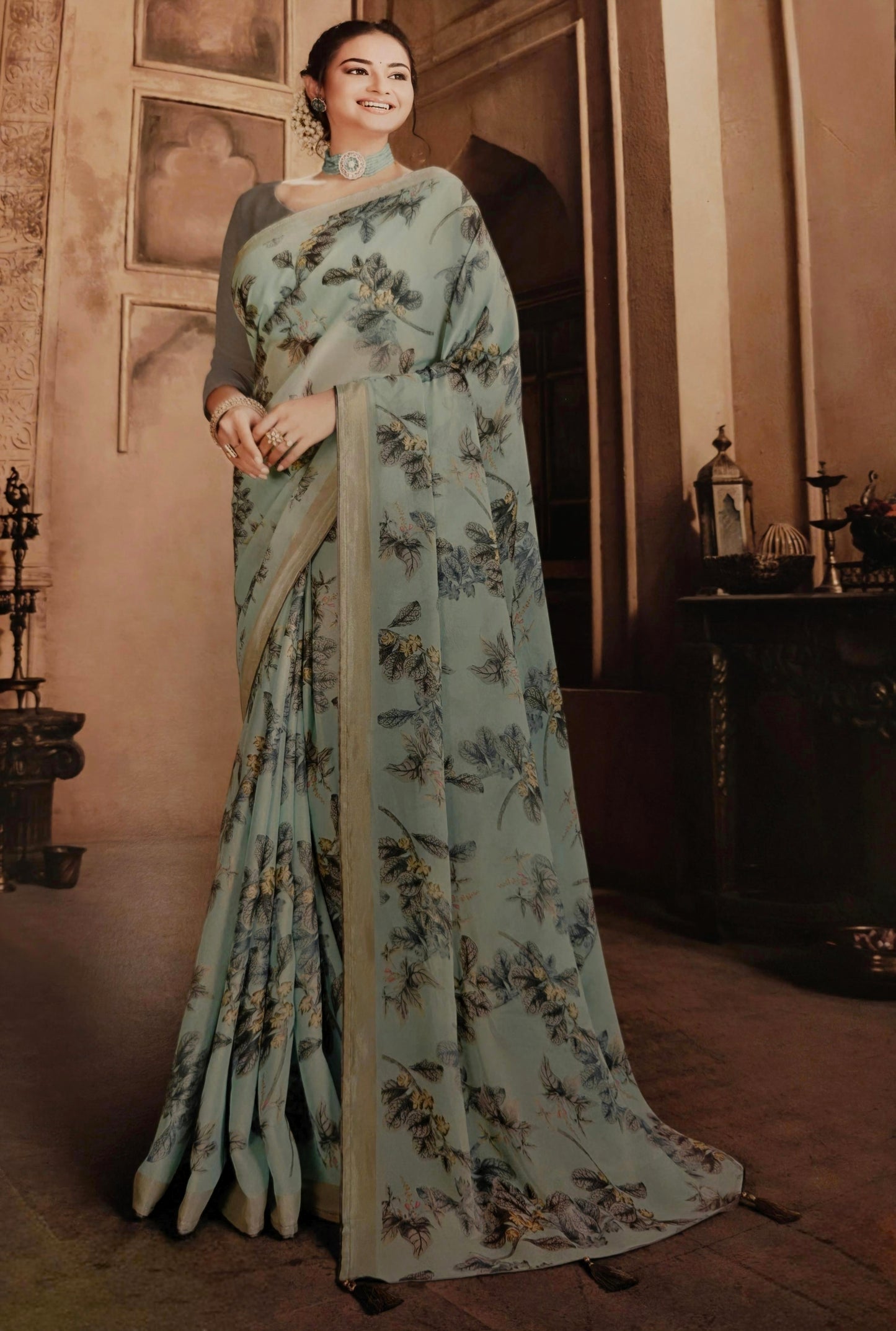 VSL Digital Print Designer Saree - Light Blue/Grey Floral