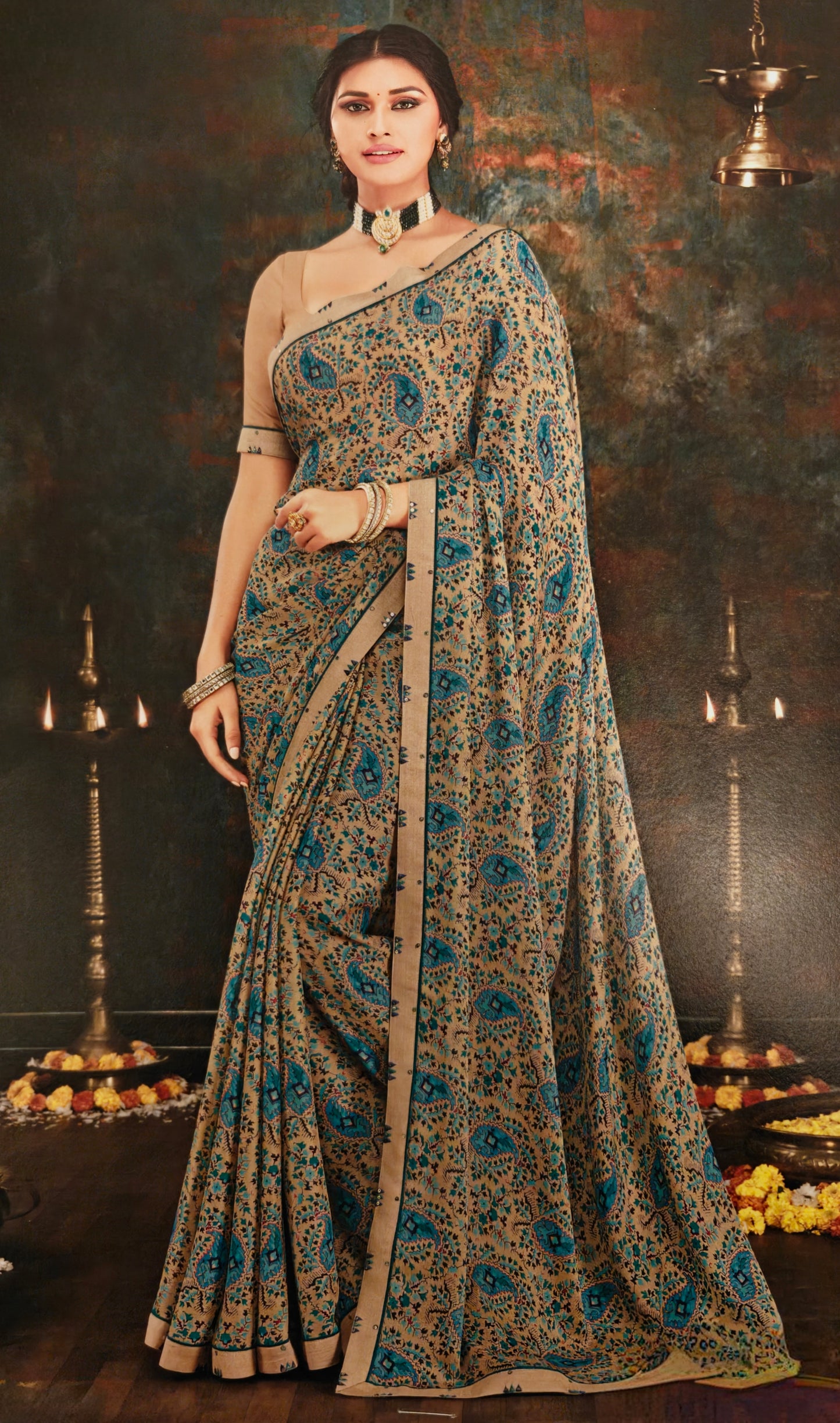 VSL Digital Print Designer Saree - Gold/Blue Floral