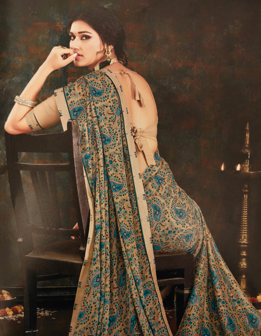 VSL Digital Print Designer Saree - Gold/Blue Floral