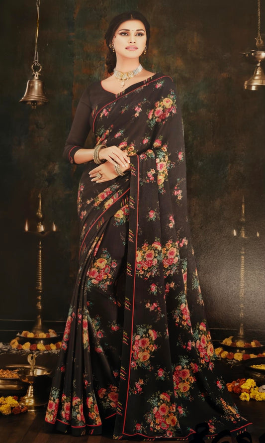 VSL Digital Print Designer Saree - Dark Gray Pink Floral