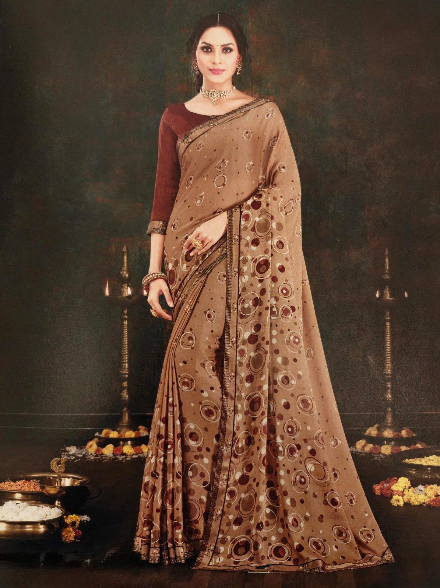 VSL Digital Print Designer Saree - Bronze/Maroon