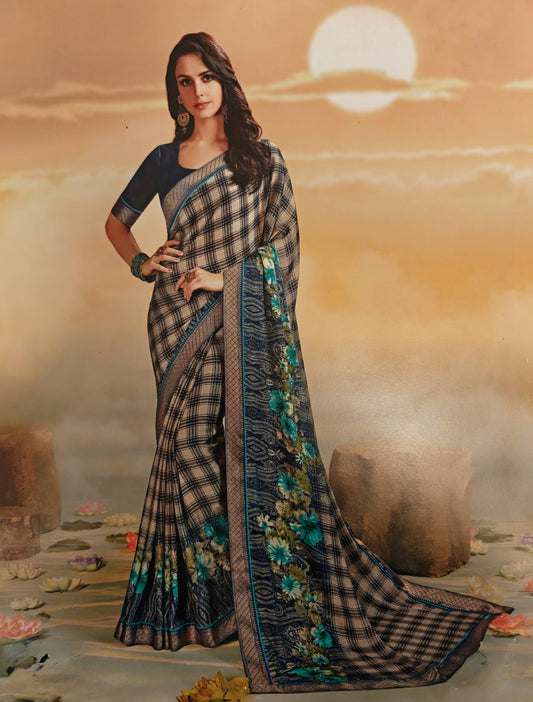 VSL Digital Print Designer Saree - Blue Plaid Floral