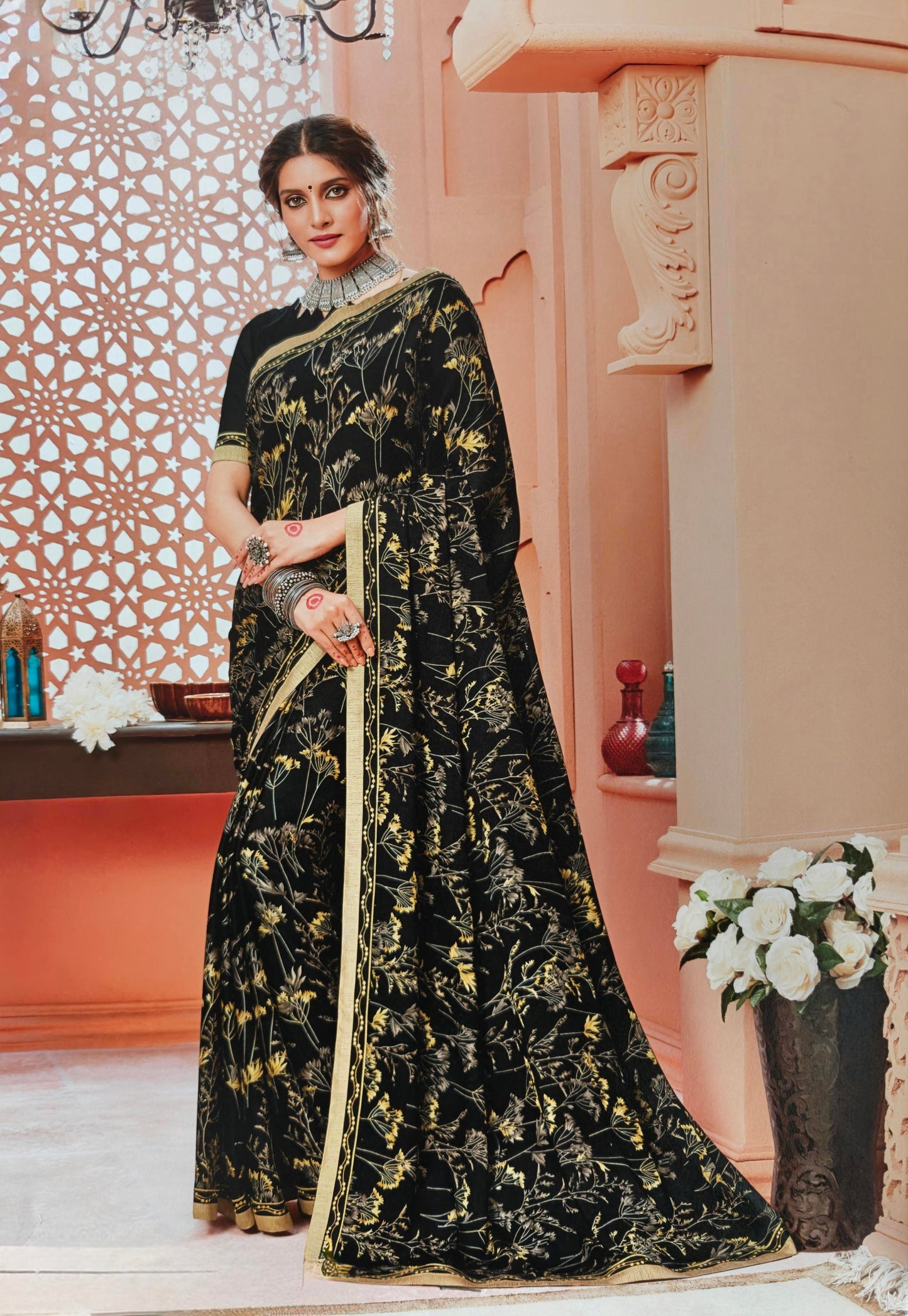 VSL Digital Print Designer Saree - Black/Gold Floral