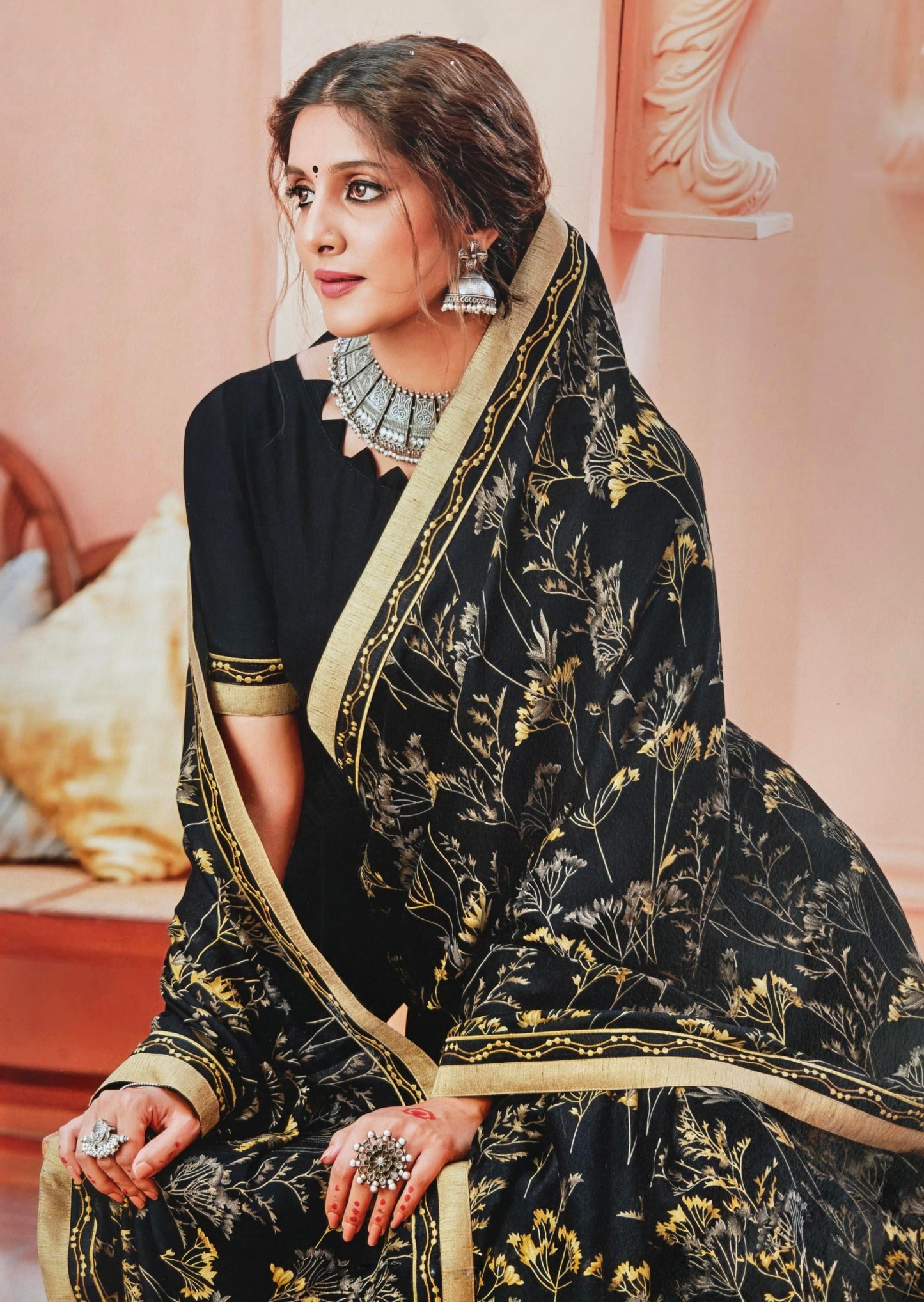 VSL Digital Print Designer Saree - Black/Gold Floral