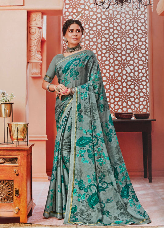 VSL Digital Print Designer Saree - Emerald Turquoise