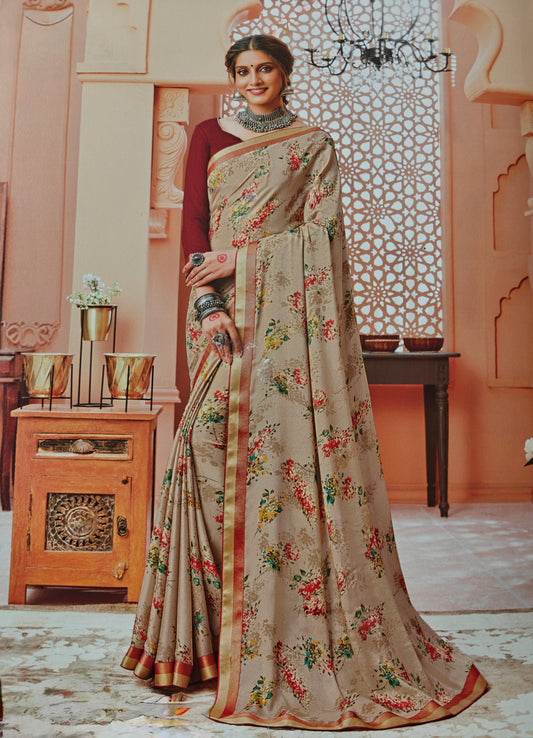 VSL Digital Print Designer Saree - Nude/Red Floral