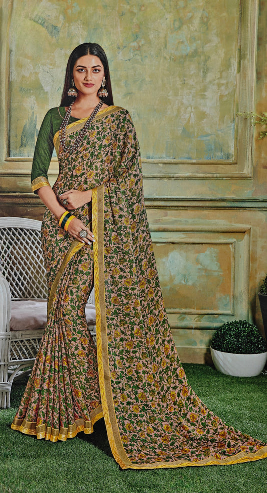 VSL Digital Print Designer Saree - Gold/Green Floral