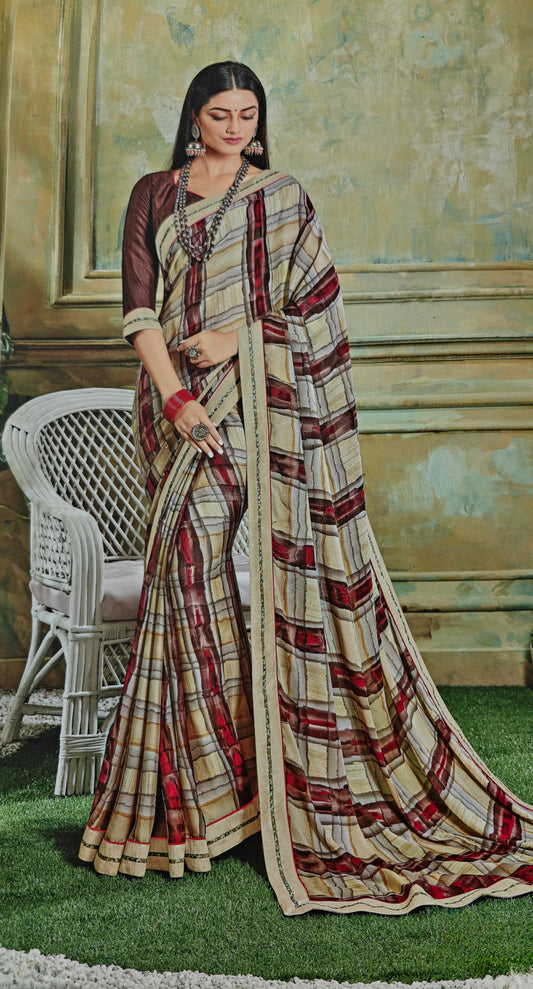 VSL Digital Print Designer Saree - Red Plaid