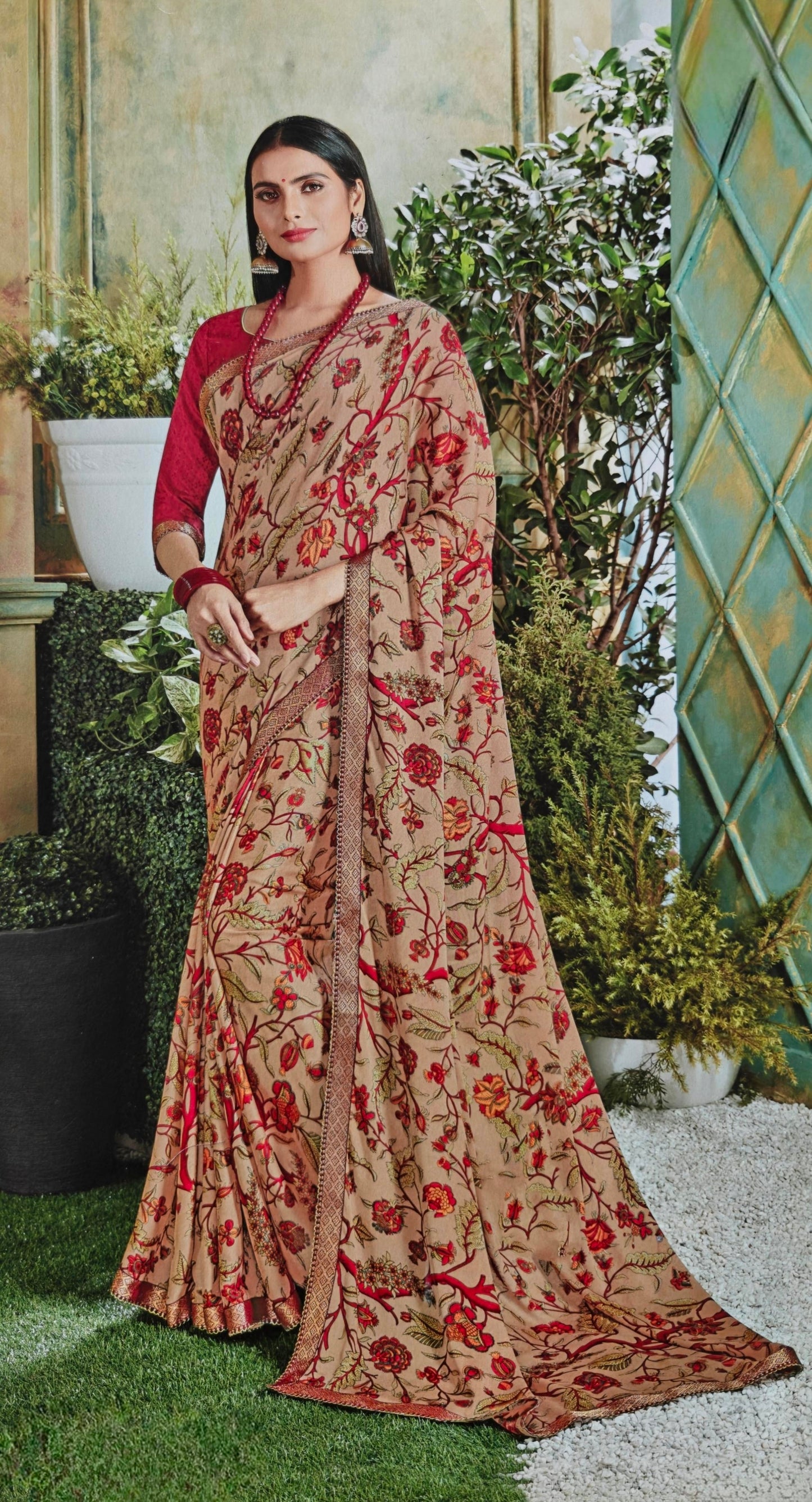 VSL Digital Print Designer Saree - Gold/Red Floral