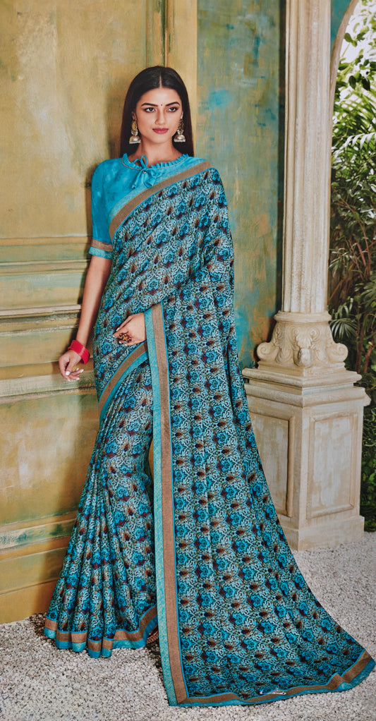 VSL Digital Print Designer Saree - Blue Floral