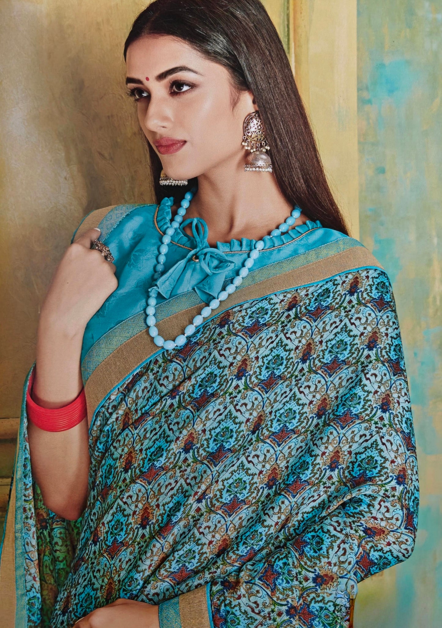 VSL Digital Print Designer Saree - Blue Floral