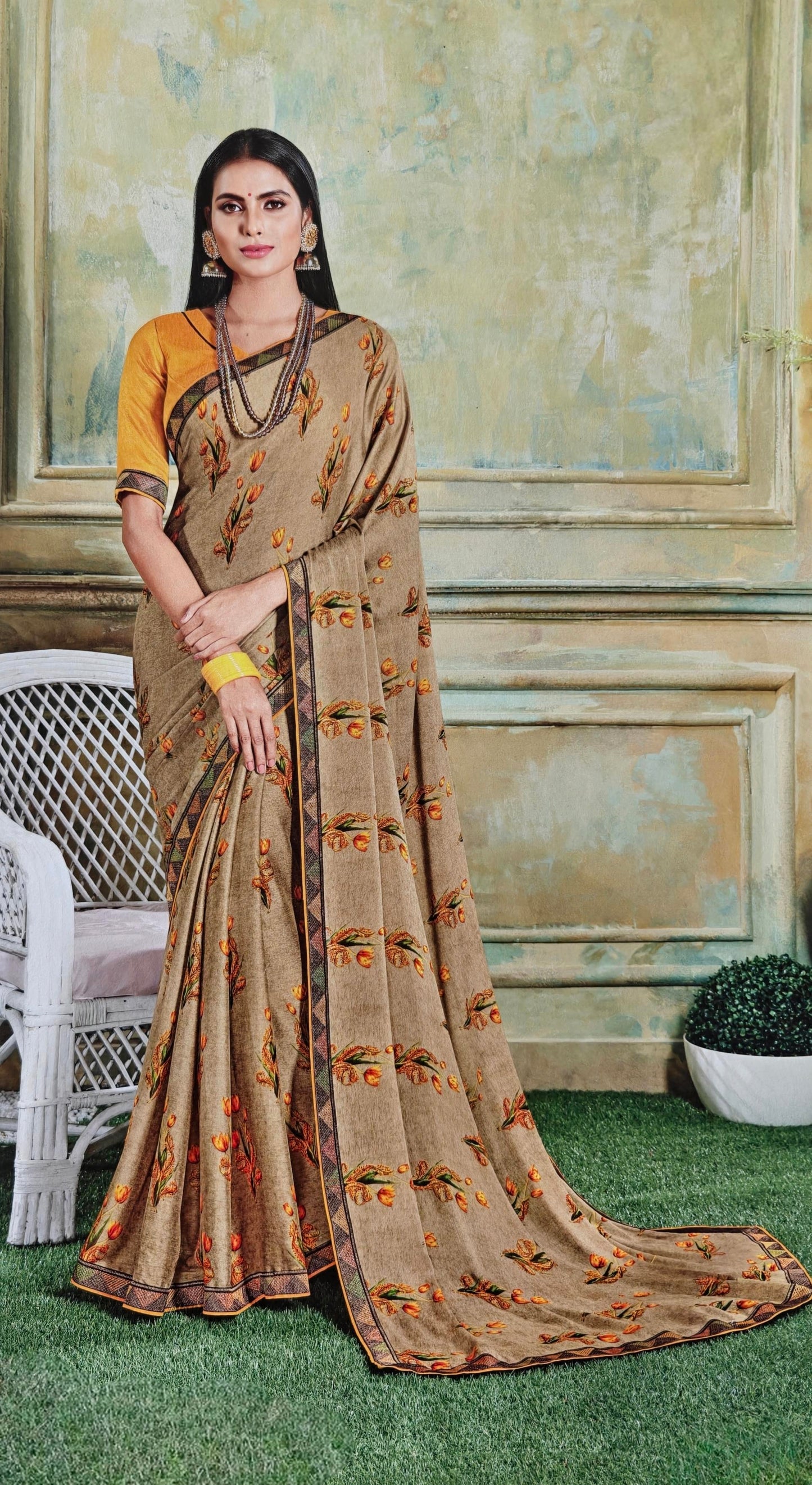 VSL Digital Print Designer Saree - Yellow/Gold Floral