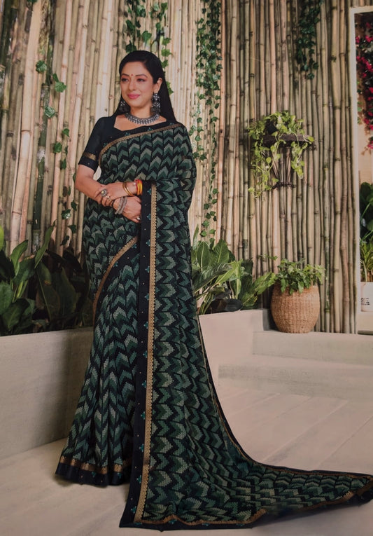 VSL Soft Georgette Digital Print Saree - Black/Green Geometric