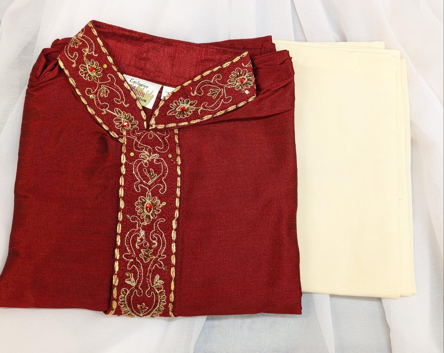 Raw Silk Sherwani Set - Maroon Red (2pc)