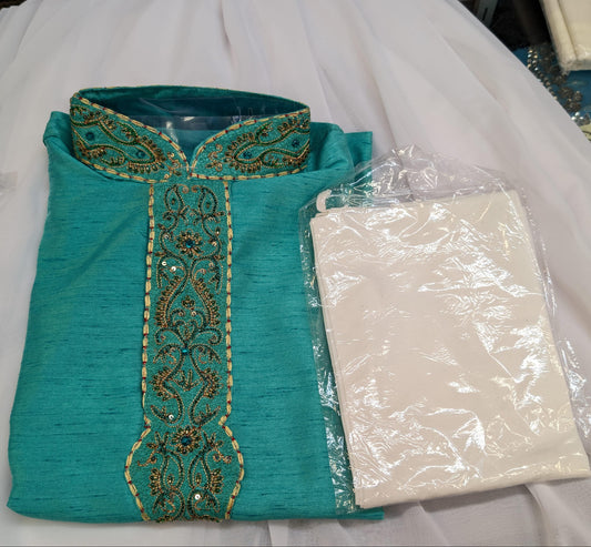 Raw Silk Sherwani Set - Mint Turquoise (2pc)