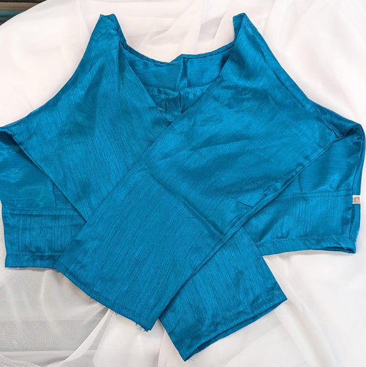 Raw silk blouse in 3/4 sleeve - Teal Blue