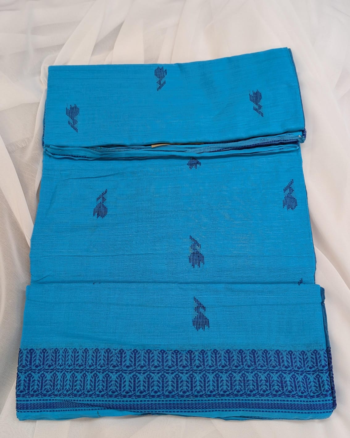 Soft Sri Lankan linen cotton saree with embroidery - Blue/Navy