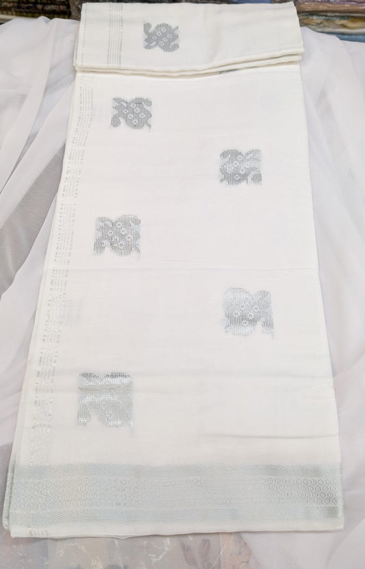 Soft Sri Lankan linen cotton saree with embroidery - White/Silver