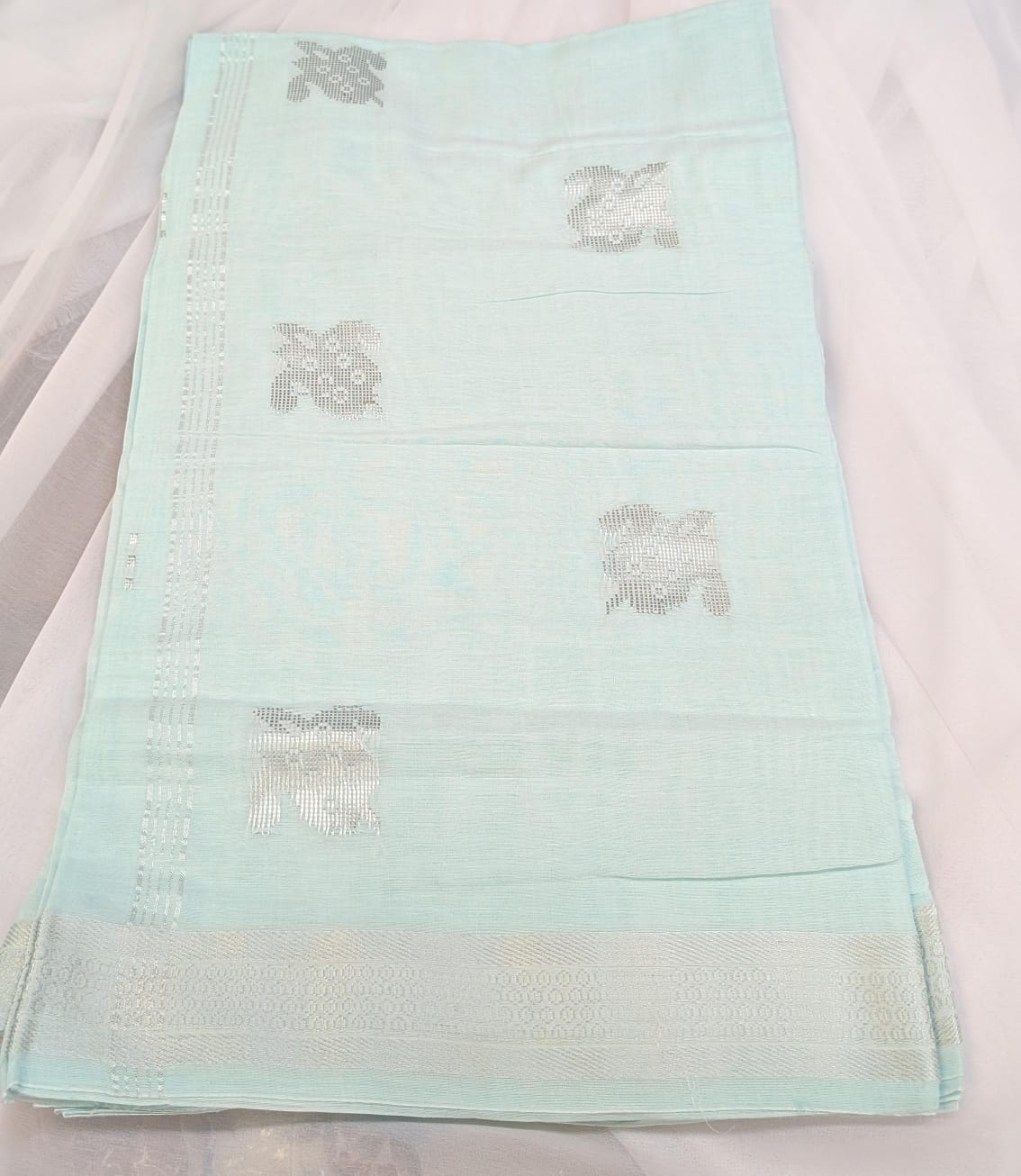 Soft Sri Lankan linen cotton saree with embroidery - Baby Blue/Silver