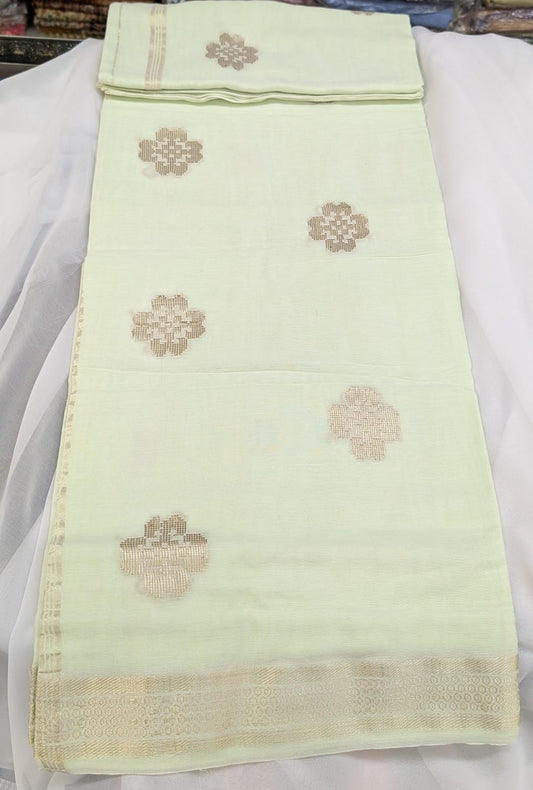 Soft Sri Lankan linen cotton saree with embroidery - Lime/Gold