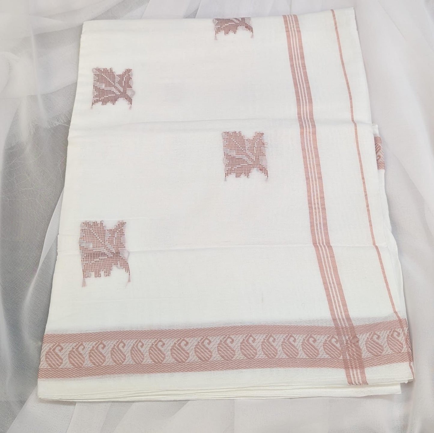 Soft Sri Lankan linen cotton saree with embroidery - Dusty Pink/White