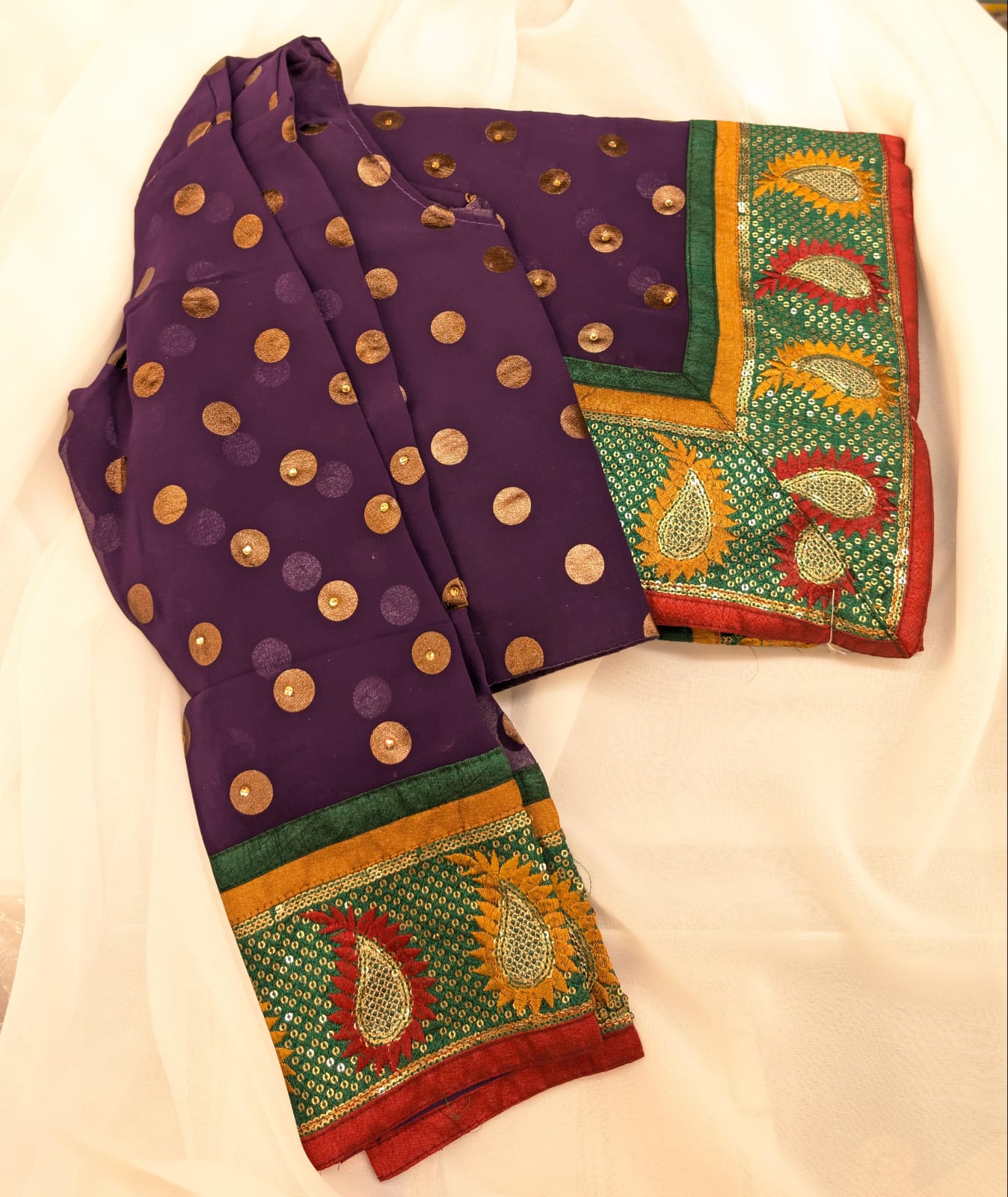 Chiffon Brass Bronze Polka Dot Saree with 3/4 Sleeve Blouse in Purple