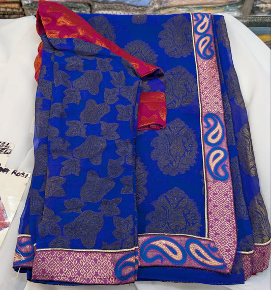 Gradient Banarasi Print Saree with long sleeve blouse in blue/pink