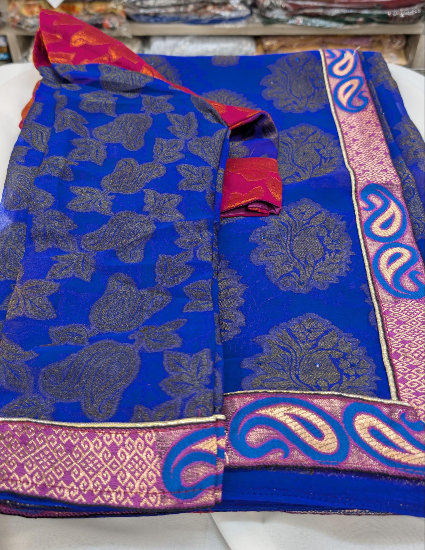 Gradient Banarasi Print Saree with long sleeve blouse in blue/pink