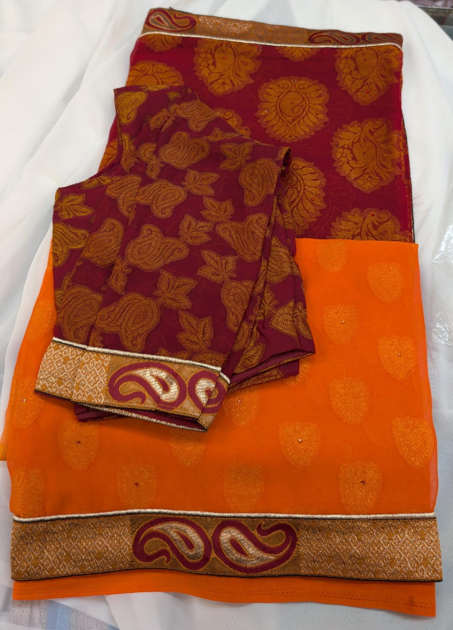 Gradient Banarasi Saree with long sleeve blouse in maroon/orange