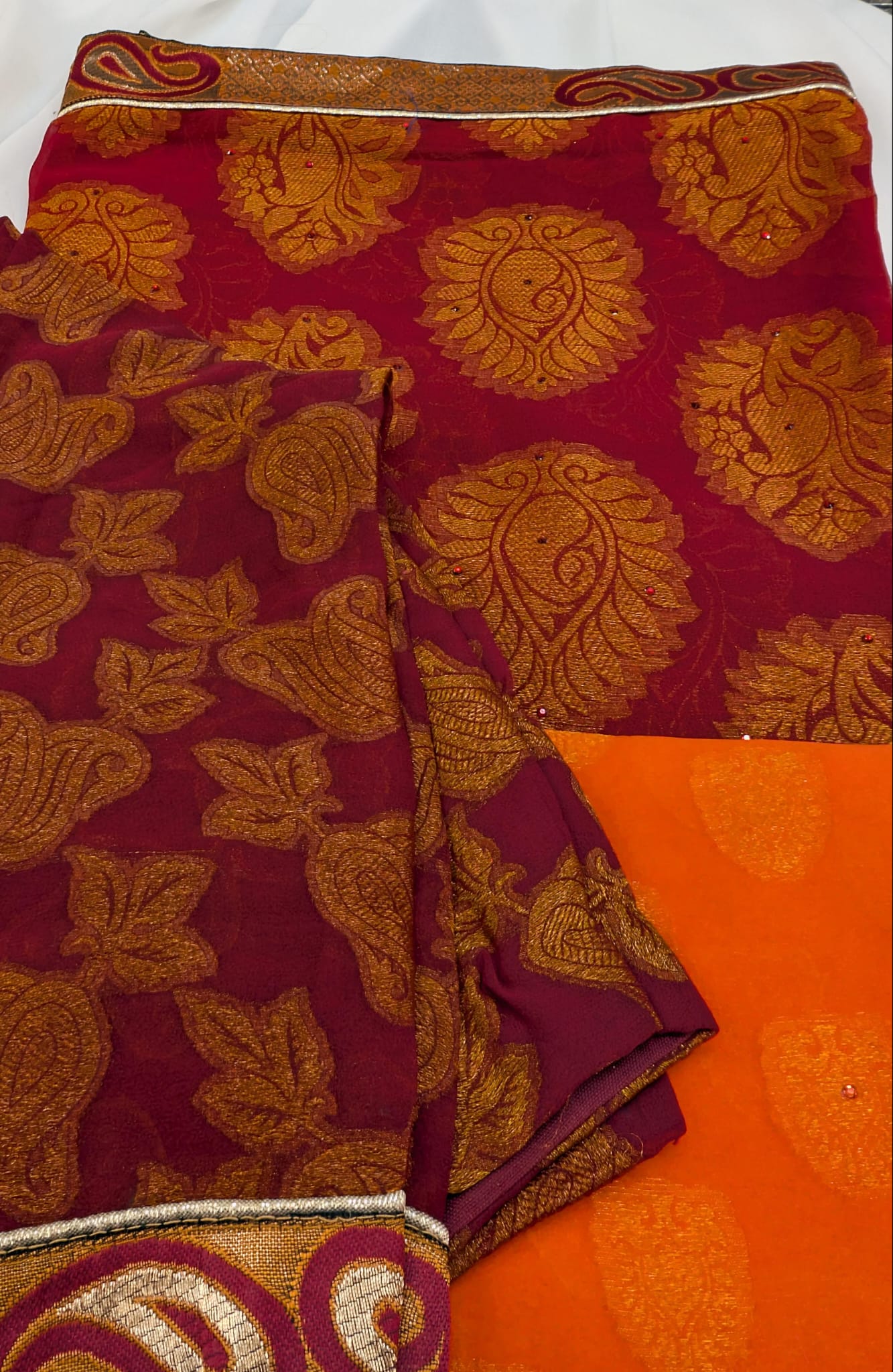 Gradient Banarasi Saree with long sleeve blouse in maroon/orange