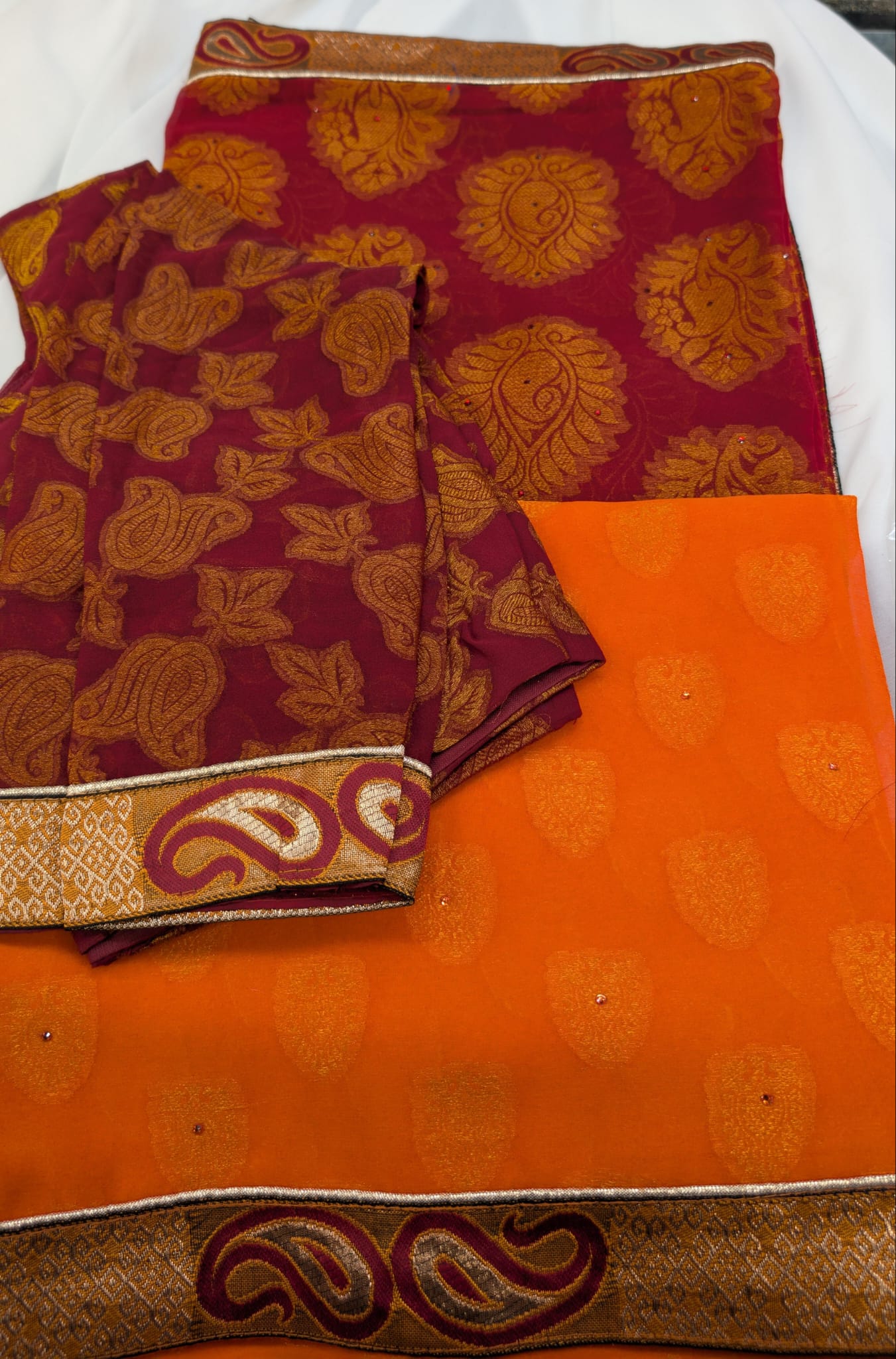 Gradient Banarasi Saree with long sleeve blouse in maroon/orange