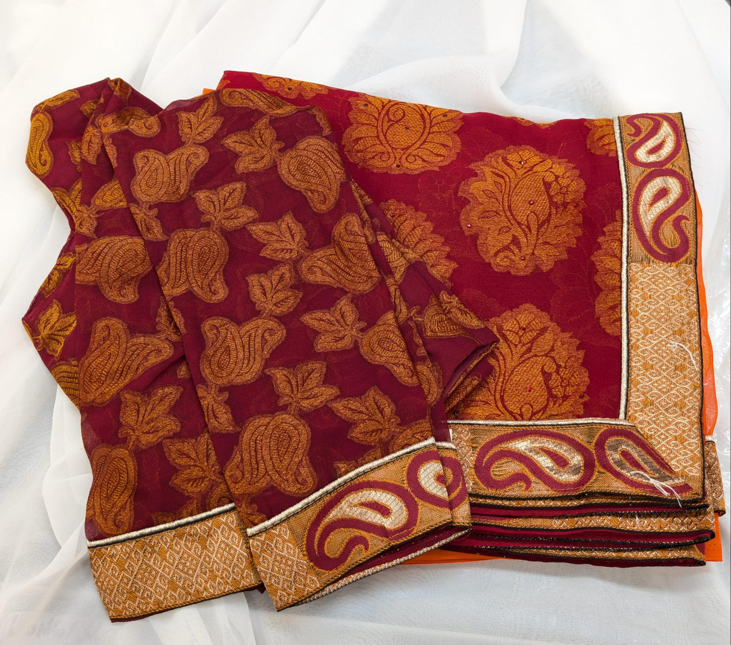 Gradient Banarasi Saree with long sleeve blouse in maroon/orange